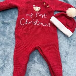 Adorable Red Baby's First Christmas Footie Set